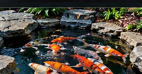 Koi swimming in a stone-lined pond