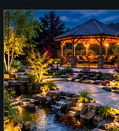 Water feature in an illuminated outdoor landscape